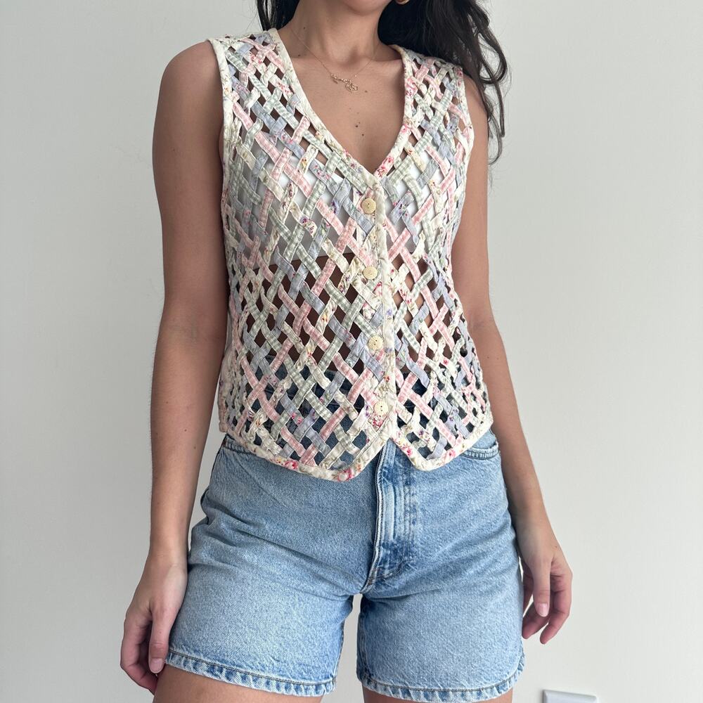 Vintage Pastel Lattice Crochet Vest in Pink and Cream